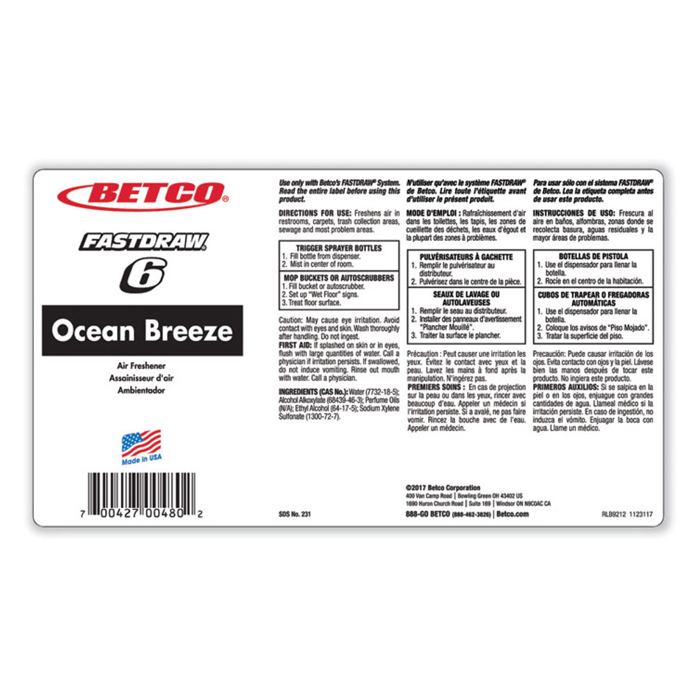 BETCO CORPORATION 2314700 BestScent Ocean Breeze FastDraw Deodorizer, Ocean Breeze Scent, 67.6 oz FastDraw Bottle, 4/Carton