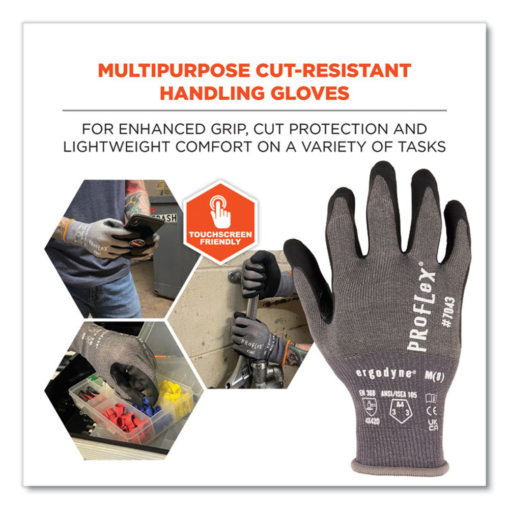 TENACIOUS HOLDINGS, INC. ergodyne® 10525 ProFlex 7043 ANSI A4 Nitrile Coated CR Gloves, EN388: 4X42D, 9" Long, X-Large, Gray, Pair