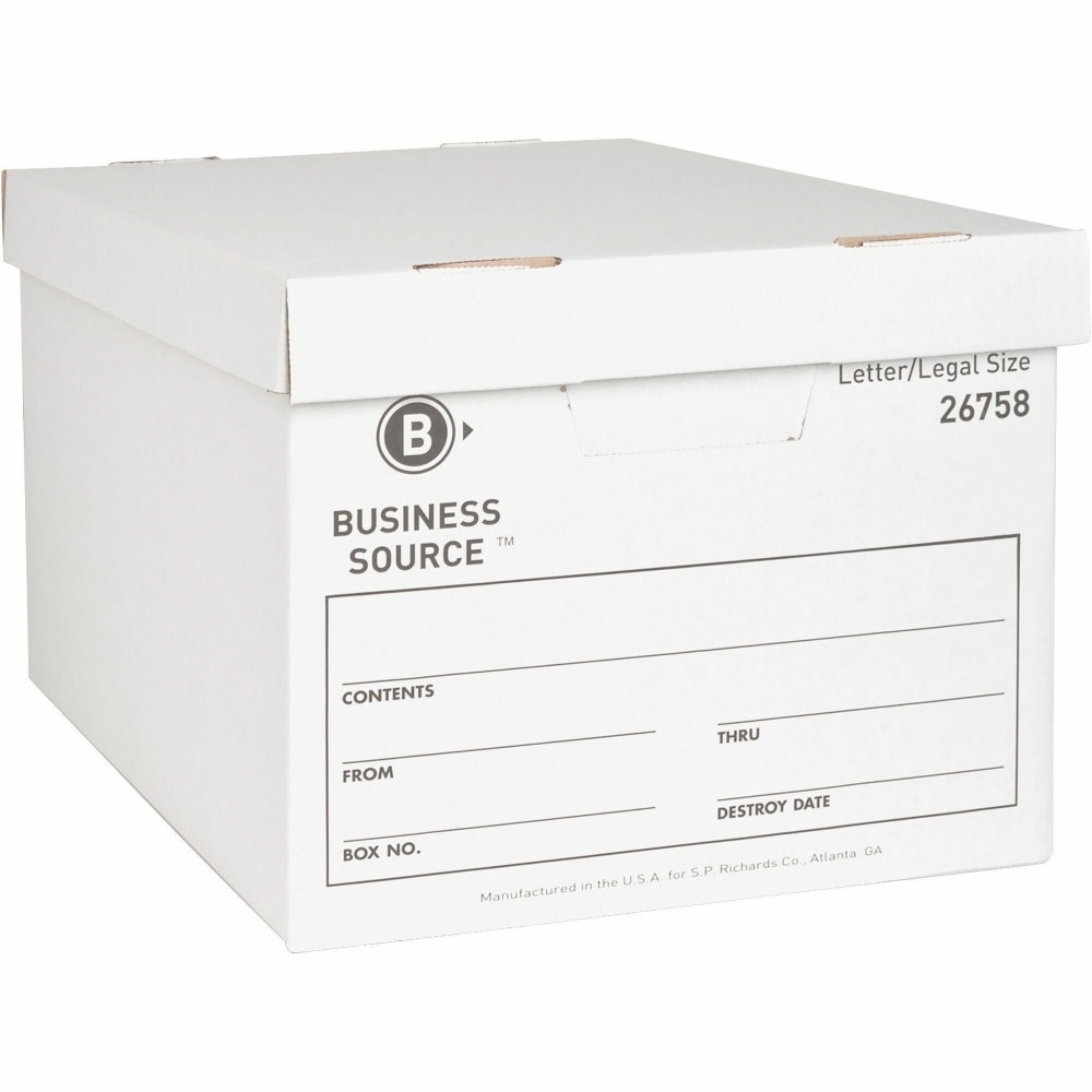 SP RICHARDS 26758 Business Source Medium-Duty Storage Boxes With Lift-Off Lids, Legal/Letter Size, 12in x 15in x 10in, White, Box Of 12