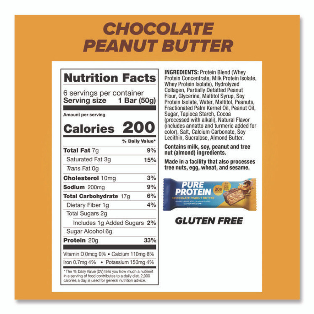 THE BALANCE BAR COMPANY NRN13805 Pure Protein Bar, Chocolate Peanut Butter, 1.76 oz Bar, 6/Box