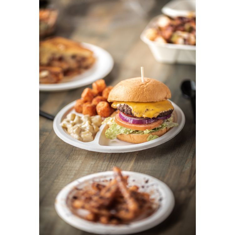 PACTIV EVERGREEN CORPORATION MC50044PFREE EarthChoice PFAS Free Compostable Dinnerware, 3-Compartment Plate, Sugarcane, 10.25" dia, Natural, 500/Carton