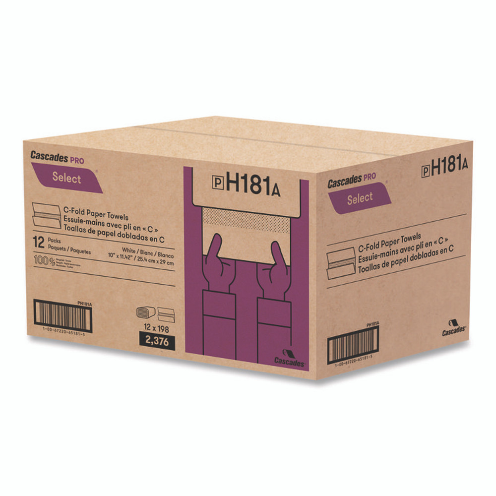 CASCADES TISSUE GROUP PRO H181 Select Folded Paper Towels, C-Fold Towels, 1-Ply, 3.75 x 10, White, 198 Towels/Pack, 12 Packs/Carton