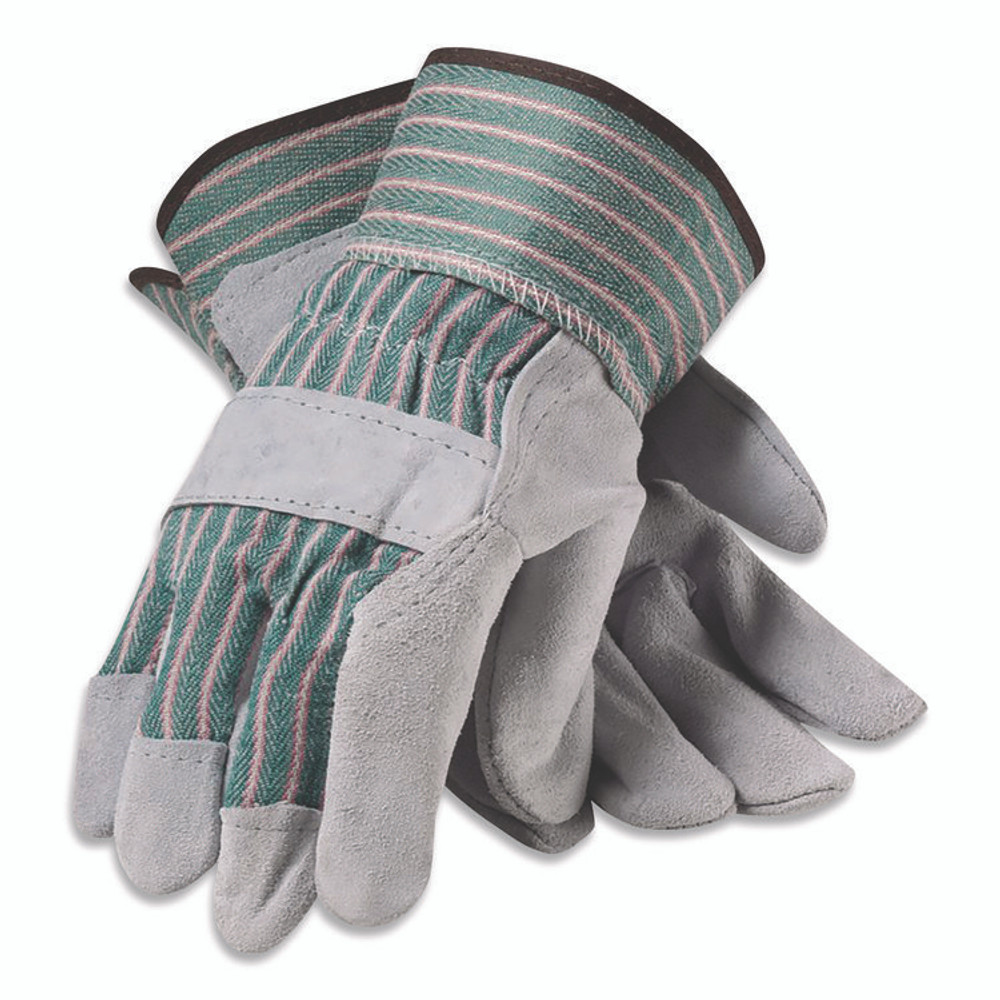 PROTECTIVE INDUSTRIAL PRODUCTS INC PIP 836563M Bronze Series Leather/Fabric Work Gloves, Gunn Cut, Wing Thumb, Medium (Size 8), Gray/Green, 12 Pairs