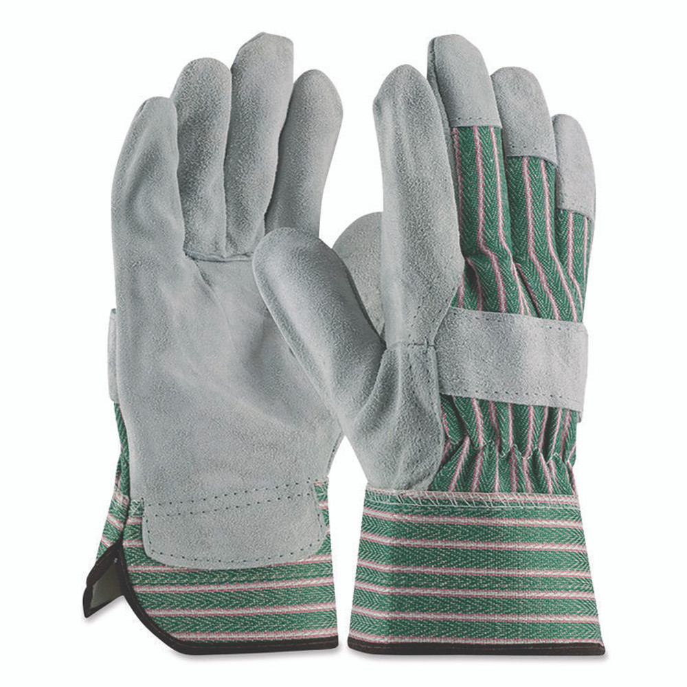 PROTECTIVE INDUSTRIAL PRODUCTS INC PIP 836563M Bronze Series Leather/Fabric Work Gloves, Gunn Cut, Wing Thumb, Medium (Size 8), Gray/Green, 12 Pairs