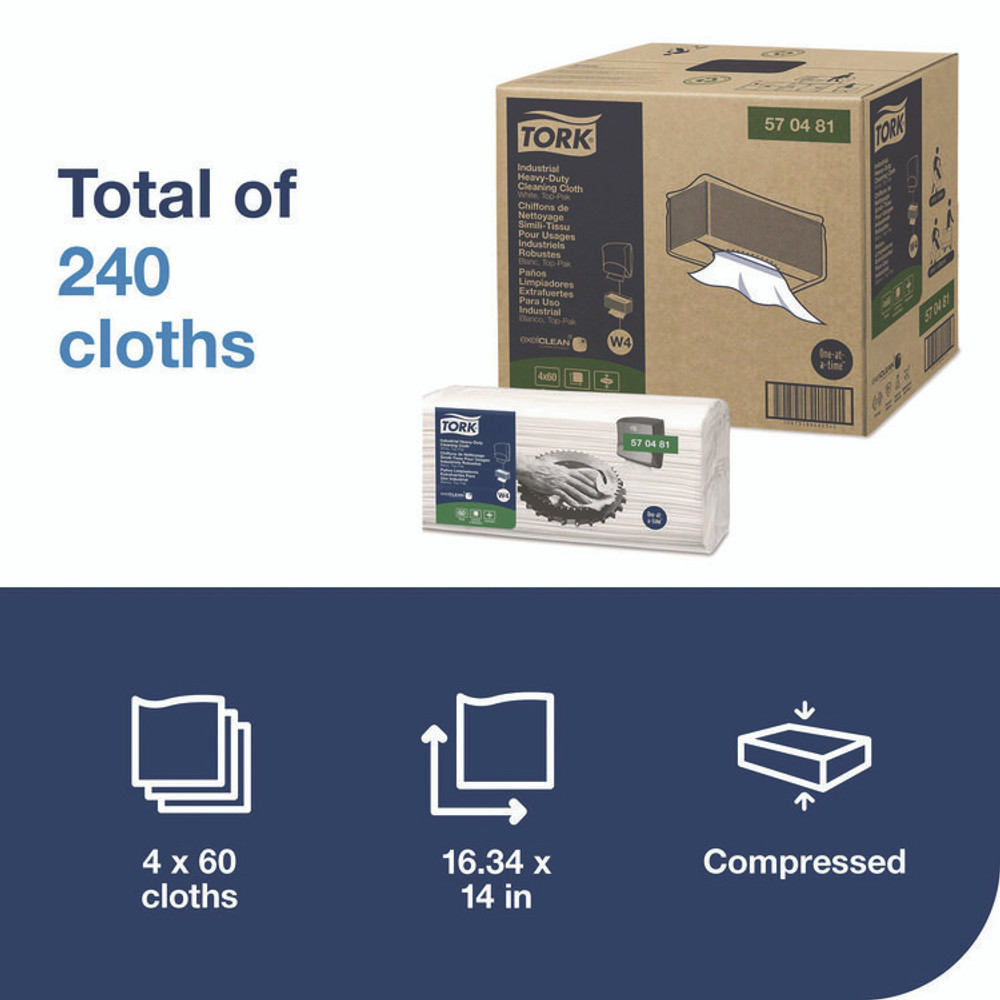 SCA TISSUE Tork® 570481 Industrial Heavy-Duty Cleaning Cloth, 1-Ply, 13.97 x, 4.25, Unscented, White, 60 Cloths, 4/Carton