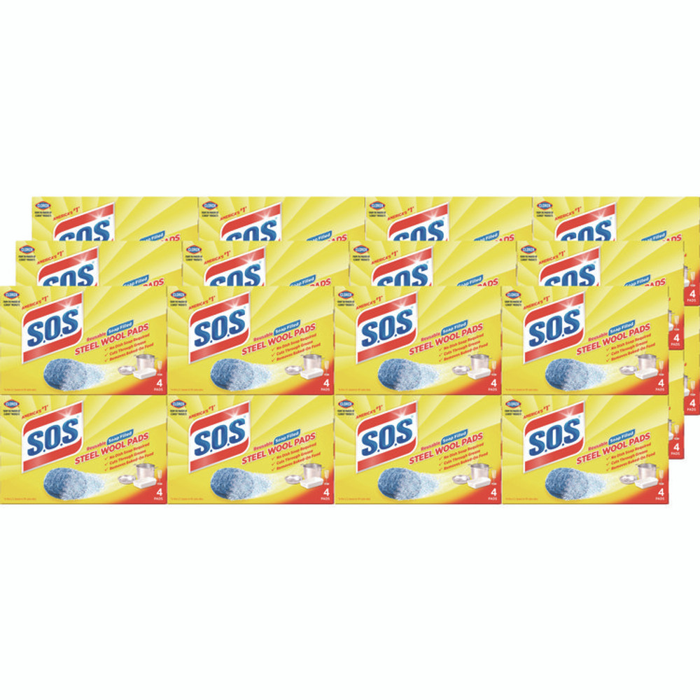 CLOROX SALES CO. S.O.S.® 98041 Steel Wool Soap Pad, Steel, 4/Box, 24 Boxes/Carton