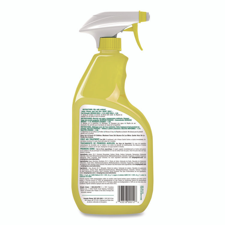 SUNSHINE MAKERS, INC. Simple Green® 14002 Industrial Cleaner and Degreaser, Concentrated, Lemon, 24 oz Spray Bottle, 12/Carton