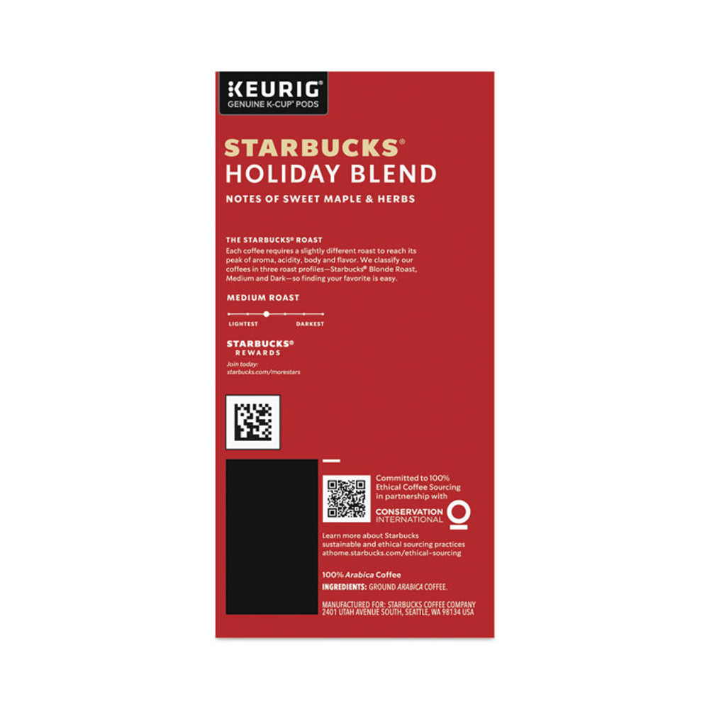 STARBUCKS COFFEE COMPANY 12412029CT Holiday Blend Coffee, K-Cups, 22/Box, 4 Boxes/Carton