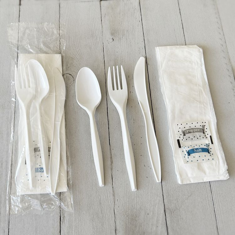 BOARDWALK 6COMBOKITPP Six-Piece Cutlery Kit, Mediumweight, Fork/Knife/Napkin/Pepper/Salt/Spoon, 5.86", Plastic, White, 250/Carton