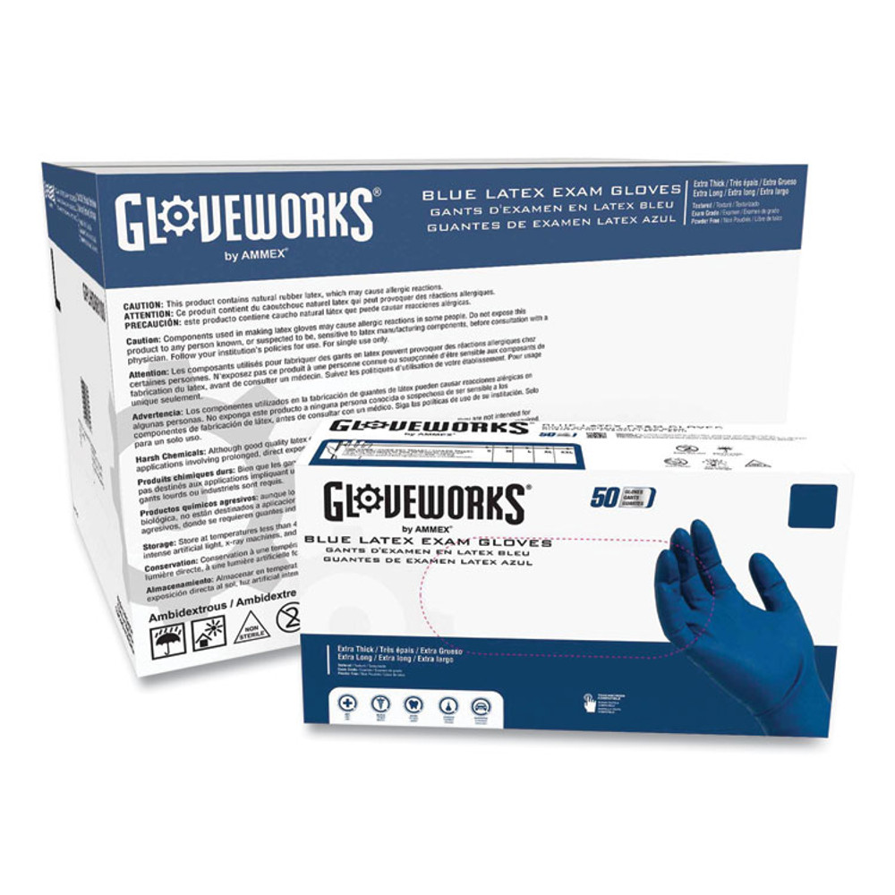 AMMEX CORPORATION GloveWorks® by GPLHD88100 Latex Exam Gloves, Powder-Free, X-Large, 13 mil Thick, 11.6" Long, Blue, 50/Box, 10 Boxes/Carton