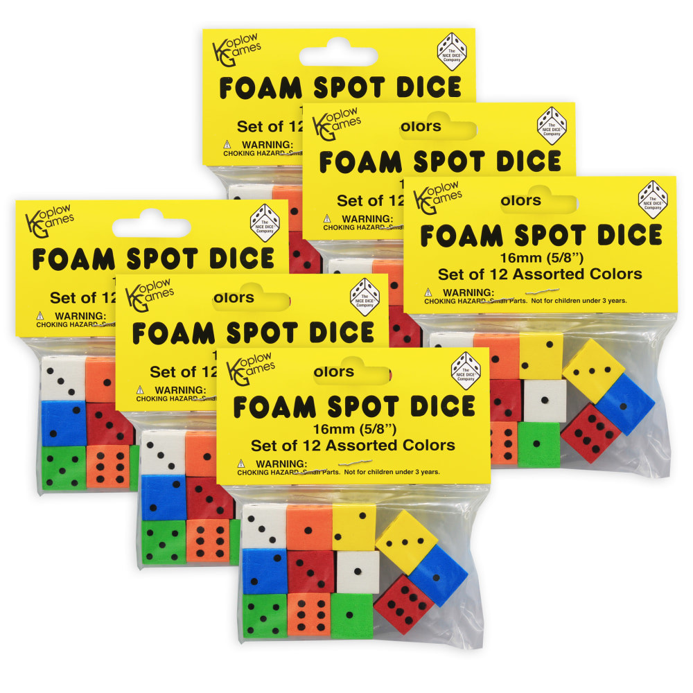 Use these fun foam dice to create exciting games at home or in the classroom. The soft foam dice wonT hurt your surfaces, and they can also help teach addition, subtraction and so much more.  Can be used for board games, teaching learning, parties and more. Help teach addition, subtraction, number recognition, multiplication and division.  Made of soft foam for use by little ones.  Includes  blue, green, orange, red, white and yellow dice.