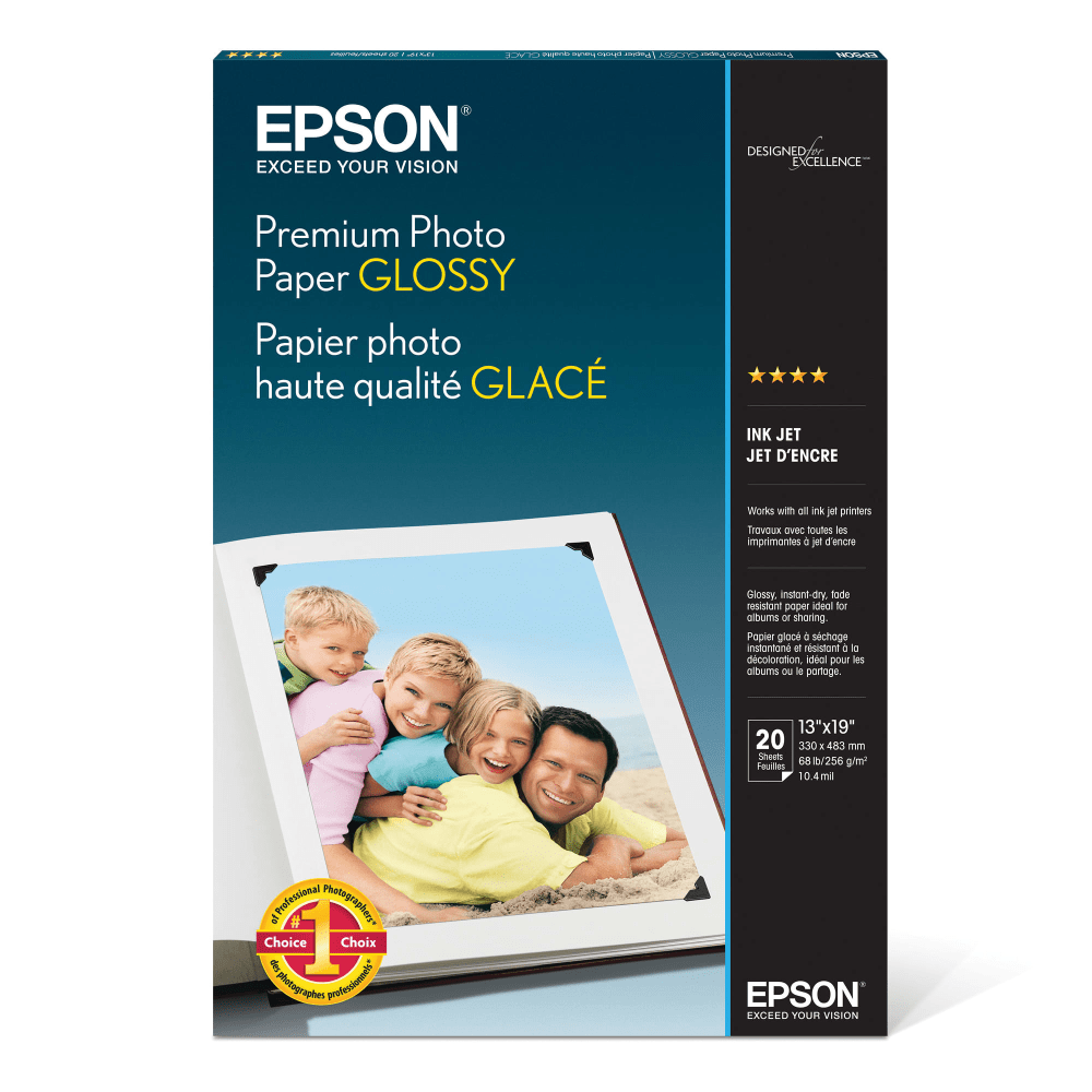 EPSON AMERICA INC. S041289 Epson Premium Glossy Photo Paper, 13in x 19in, Pack Of 20 Sheets