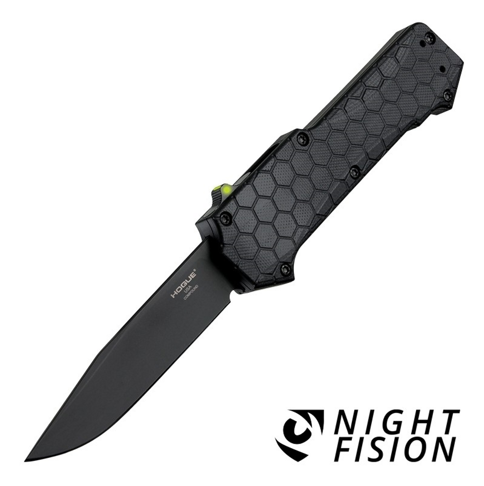 Hogue 34031 Compound 3.5 Out the Front Automatic Clip Point Blade Black Finish G10 Frame - Solid Black - Tritium Switch