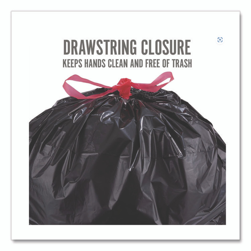 PERK 24377879 Drawstring Heavy-Duty Trash Bags, 33 gal, 1.1 mil, 37" x 33", Black, 30/Box