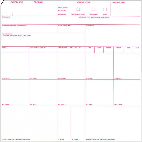 Forensics Source 1007756 Booking Fingerprint Cards