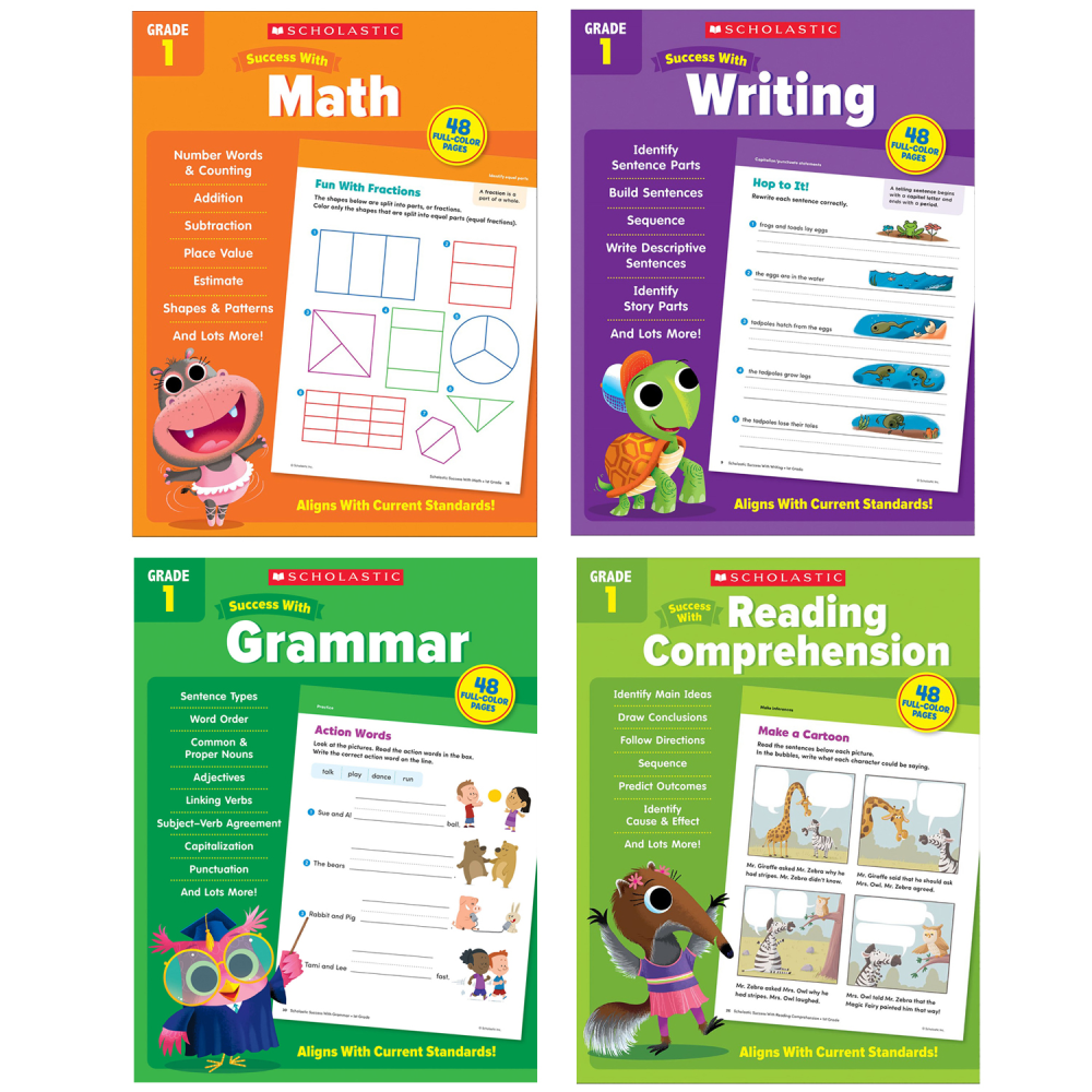 Give your little learners the Scholastic Teacher Resources Grade Success Workbooks to help them succeed. Each book contains 40 easy-to-follow activities that help engage youngsters and reinforce important ideas.  Helps students learn important classroom skills.  Each book offers 40 interactive activities to reinforce the lessons.  Includes Success with Grammar, Success with Math, Success with Reading Comprehension and Success with Writing workbooks.