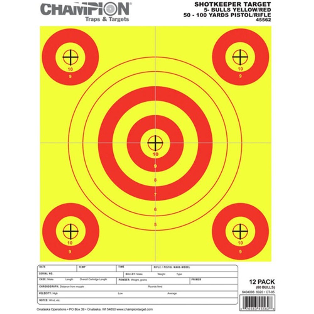 Champion Targets 45562 Champion Targets 45562 Shot Keeper 5 Bullseye 100 Yard Pistol/Rifle Targets, Yellow/Red, Small, 12 Pack