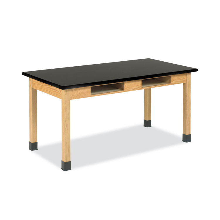 DIVERSIFIED WOODCRAFTS, INC. Spaces™ C730LBBK30N Classroom Book Compartment Science Table, 72w x 24d x 30h, Black High Pressure Laminate (HPL) Top, Oak Base