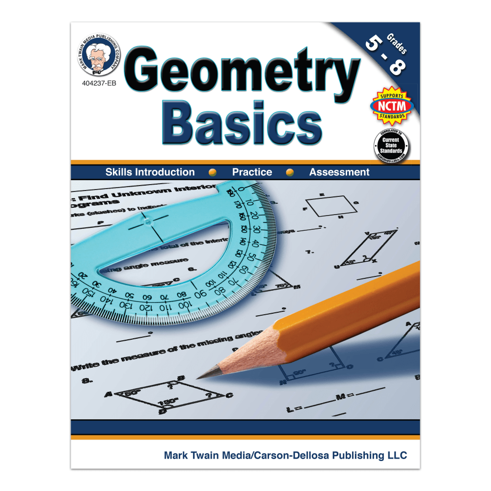 Use to strengthen basic geometry concepts in your students. The practice activities help reinforce lessons.  Teaches introductory principles of geometry, including lines, angles, circles, perimeter, area, volume and 2- and 3-dimensional figures.  Standards-based practice activities are a great way to make sure students grasp and understand concepts.  Decorative design helps complement your school space.  Designed for students in grades 5 - 8.