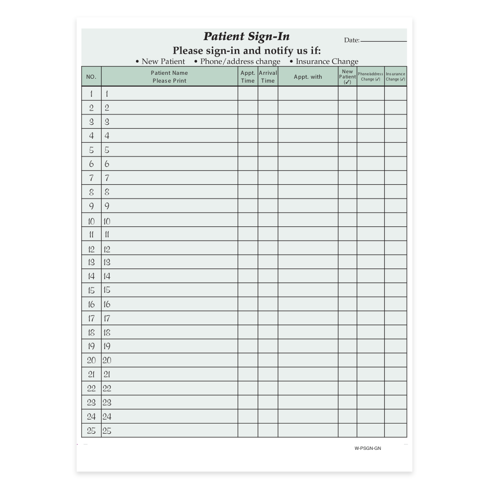 TAYLOR CORP Taylor Corporation W-PSGN-GN1000 HIPAA Compliant Patient/Visitor Privacy 2-Part Sign-In Sheets, 8-1/2in x 11in, Green, Pack Of 1,000 Sheets