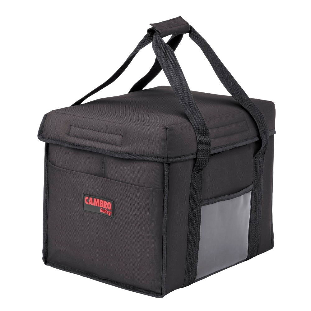 Carry food to guests in their cars or in their homes with ease using Cambro Delivery GoBags. Dense insulation keeps cold foods cold and hot foods hot until it reaches the customer.  Made from breathable nylon for moisture control.  Packed with dense insulation for hot or cold foods.  PVC vinyl lining is machine washable and stain-resistant.  Sewn-in nylon straps offer an easy carry.  Clear ticket pouch lets you know the contents.  Includes 4 bags.