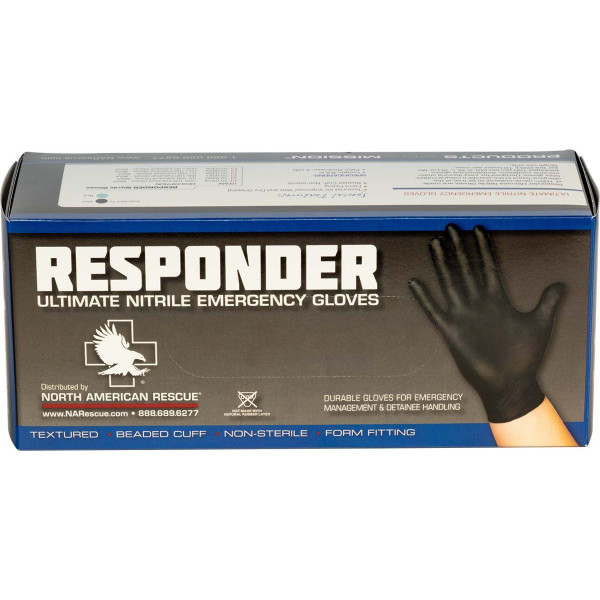 North American Rescue 70-0321 Responder Black Nitrile Gloves - Box of 100