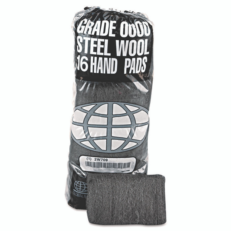 GLOBAL MATERIAL TECHNOLOGIES GMT 117005 Industrial-Quality Steel Wool Hand Pad, #2 Medium Coarse, Steel Gray, 16/Pack, 12 Packs/Carton