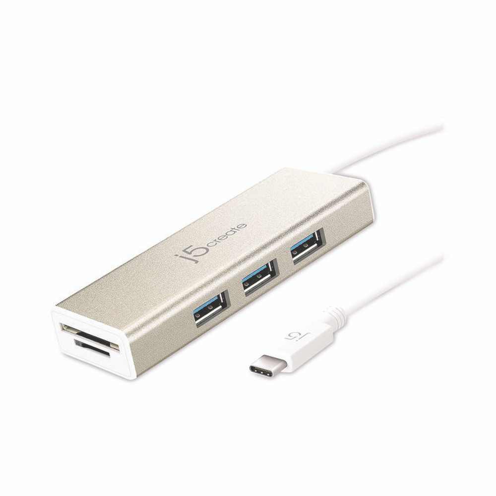 J5CREATE JCH347 USB-C Hub with SD/Micro SD Card Reader, 3 Ports, Silver