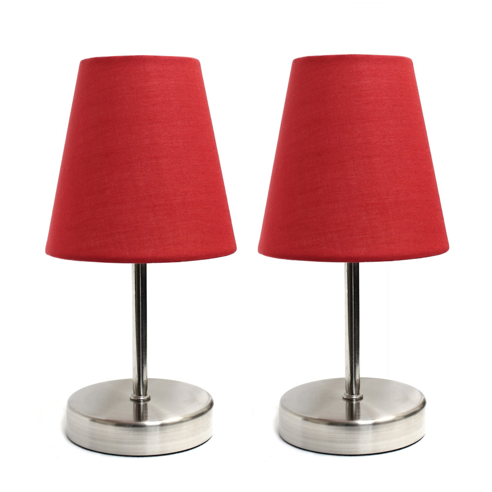 ALL THE RAGES INC LT2013-RED-2PK Simple Designs Sand Nickel Mini Basic Table Lamp Set with Red Fabric Shades