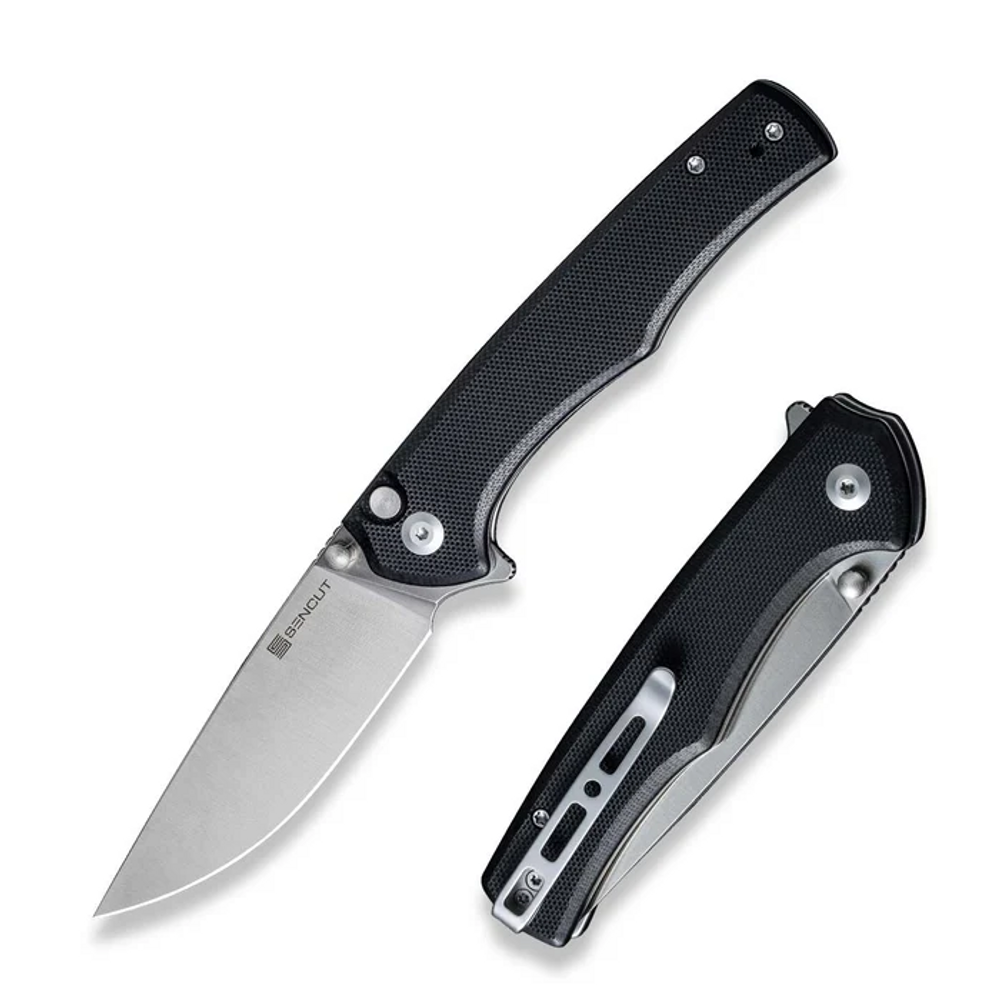 SENCUT S21012-4 Crowley Flipper/Thumb Stud Folding Knife 3.48"" Satin D2 Drop Point Plain Edge Blade, Black G10 Handle