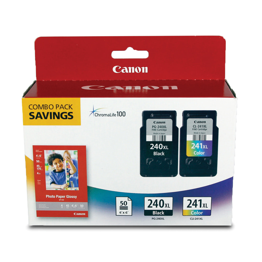 CANON USA, INC. Canon 5206B005  PG-240XL Black/CL-241XL ChromaLife 100 Tri-Color High-Yield Ink Cartridges And Paper, Pack Of 2, 5206B005