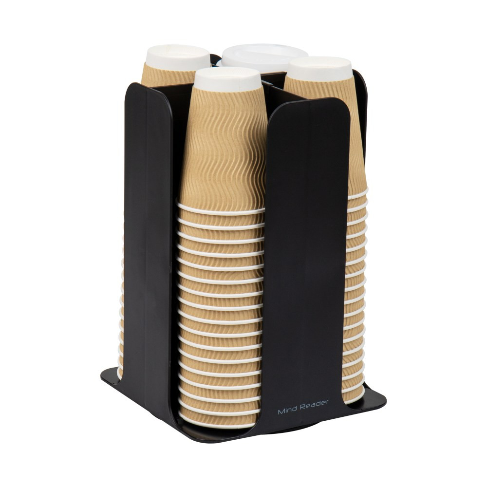 Compact Coffee Convenience Organization is essential in any kitchen, especially in the workplace or hotel. Keep your lids and disposable cups neat and tidy on any countertop with this 4-compartment carousel. Each compartment can hold 25-30 cups depending on the size. It fits 10-,12- and 16-ounce disposable cups and lids easily. This caddy is designed for high-traffic areas where people need to access cups and lids. Keep your hotel patrons happy by placing it near your coffee station. It"s also a great gift for students in college who need endless cups for their late nights of studying. Plan ahead of for your next party and buy this for the coffee station so everyone can help themselves to a hot beverage and keep the party going. Ideal for indoor or outdoor use, the plastic cup and lid holder is both neutral and modern. If an accidental spill happens or dust accumulates, clean this four-compartment rotating carousel with mild soap and a paper towel or soft cloth.  Efficient and accessible organization: This vertical cup and lid tower provides easy access to cups or lids with its 360-degree spinning feature, allowing you to grab what you need quickly and conveniently  Space saving: You can store 25-30 10-, 12- and 16-ounce lids or disposable cups in each product quadrant  Built to last: Designed to withstand heavy use, this tower is constructed with durable materials, ensuring it can handle the demands of office coworkers, hotel patrons, house guests, and even growing families  Portable convenience: The compact design of the carousel makes it easy to pick up and move, allowing you to reposition it as needed. Whether you are rearranging your countertop or taking it with you on the go, portability is a breeze  Dimensions: This multi-cup carousel measures 7.75 long x 7.75 wide x 11.5 inches tall (19.68 x 19.68 x 29.21 cm) and weighs 15 oz. (425g)  Can hold 10, 12, and 16 oz. cups and lids