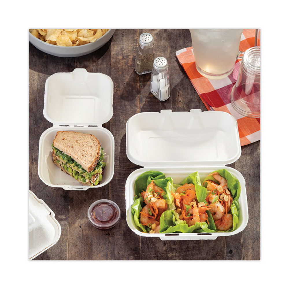 PACTIV EVERGREEN CORPORATION YMCH00890001 EarthChoice Bagasse Hinged Lid Container, Dual Tab Lock, 9.1 x 6.1 x 3.3, Natural, Sugarcane, 150/Carton