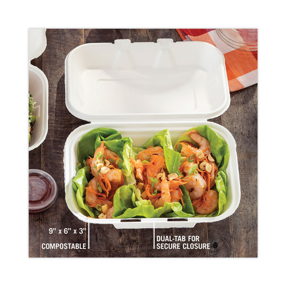 PACTIV EVERGREEN CORPORATION YMCH00890001 EarthChoice Bagasse Hinged Lid Container, Dual Tab Lock, 9.1 x 6.1 x 3.3, Natural, Sugarcane, 150/Carton