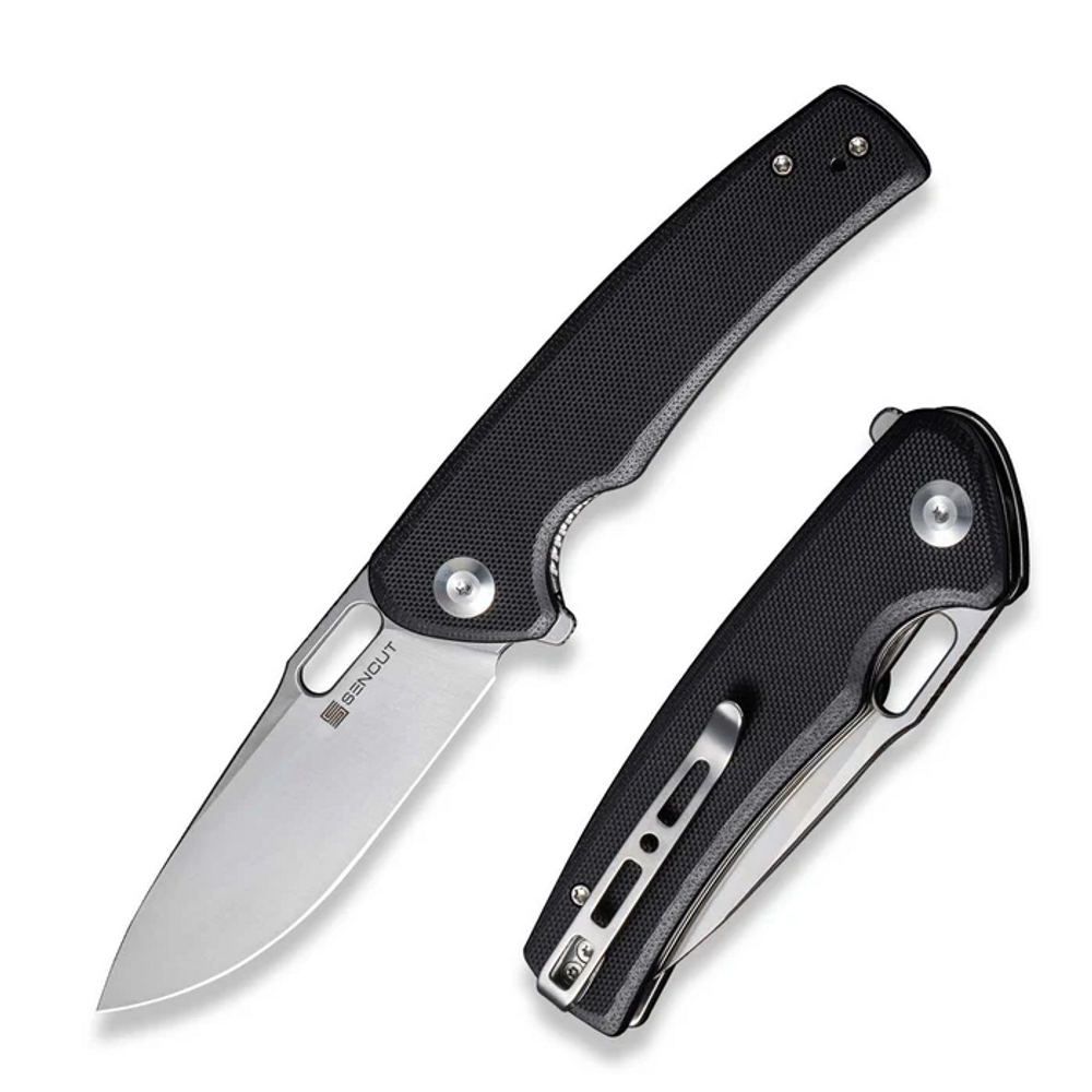 SENCUT S20065-1 Vesperon Flipper/Thumb Hole Folding Knife 3.35"" Satin 9Cr18MoV Drop Point Plain Edge Blade, Black G10 Handle
