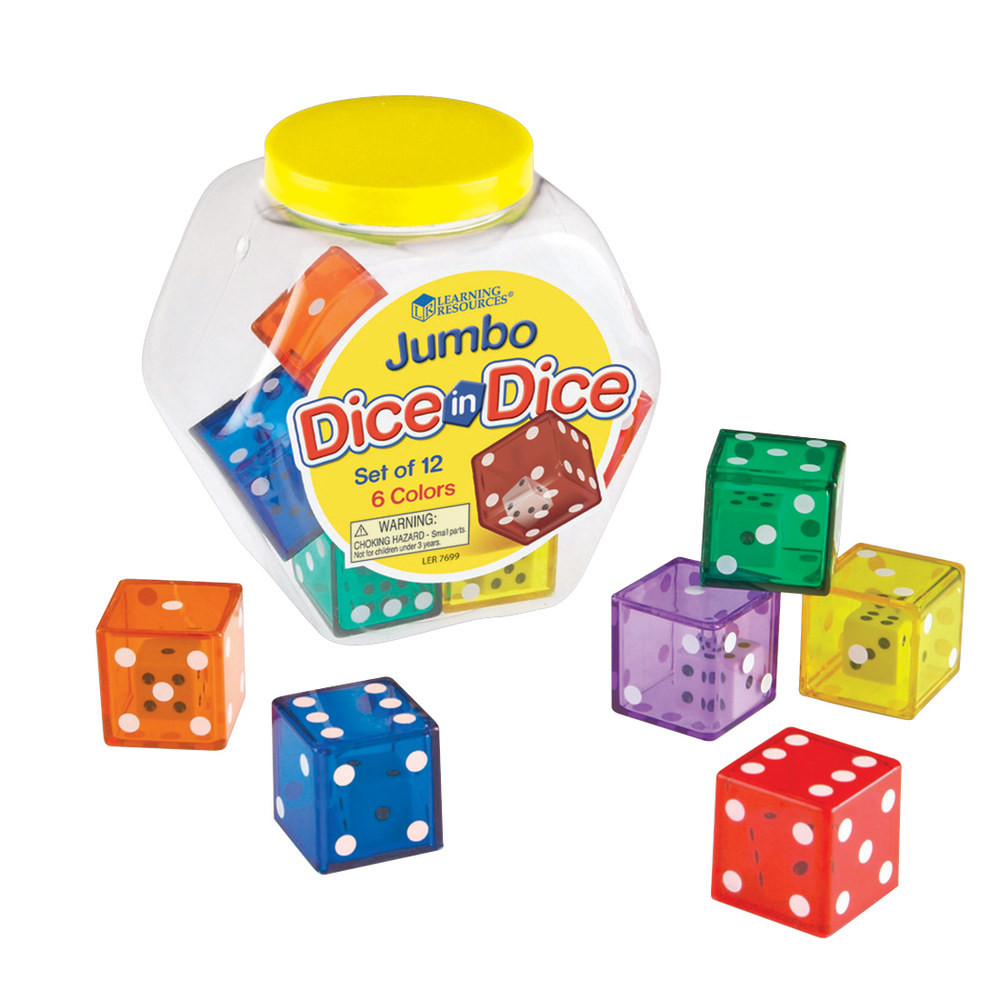 Popular double dice! Now available in a larger size thats perfect for smaller hands!  Reinforces number concepts, counting, operations and probability.  Generates engagement with these unique high-interest manipulatives.  Features colorful exterior cubes in red, yellow, green, light blue, orange and light purple.  Exterior cubes measure 1.25in square.  Grades PreK+.