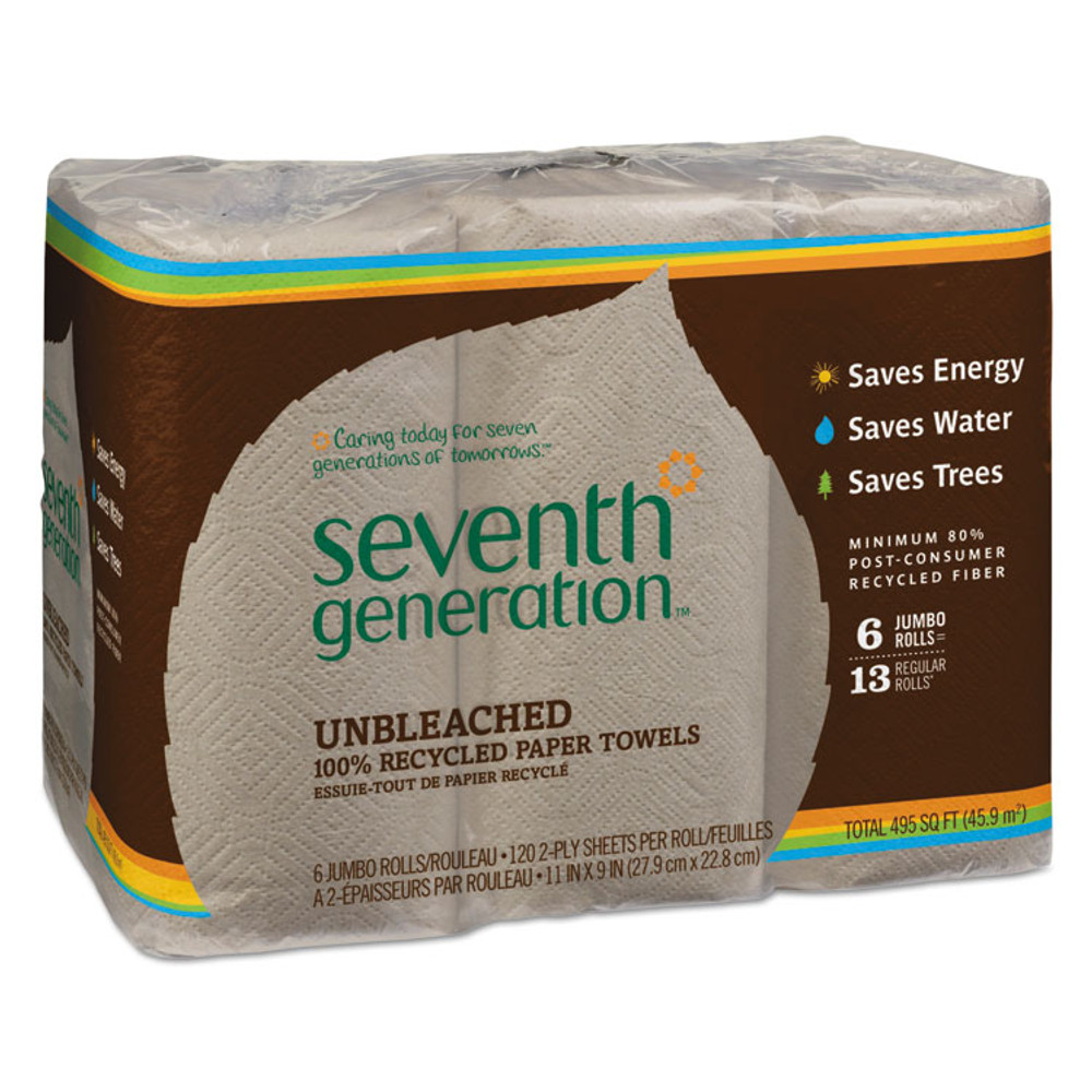 SEVENTH GENERATION 13737PK Natural Unbleached 100% Recycled Paper Kitchen Towel Rolls, 2-Ply, 11 x 9, 120/Roll, 6 Rolls/Pack