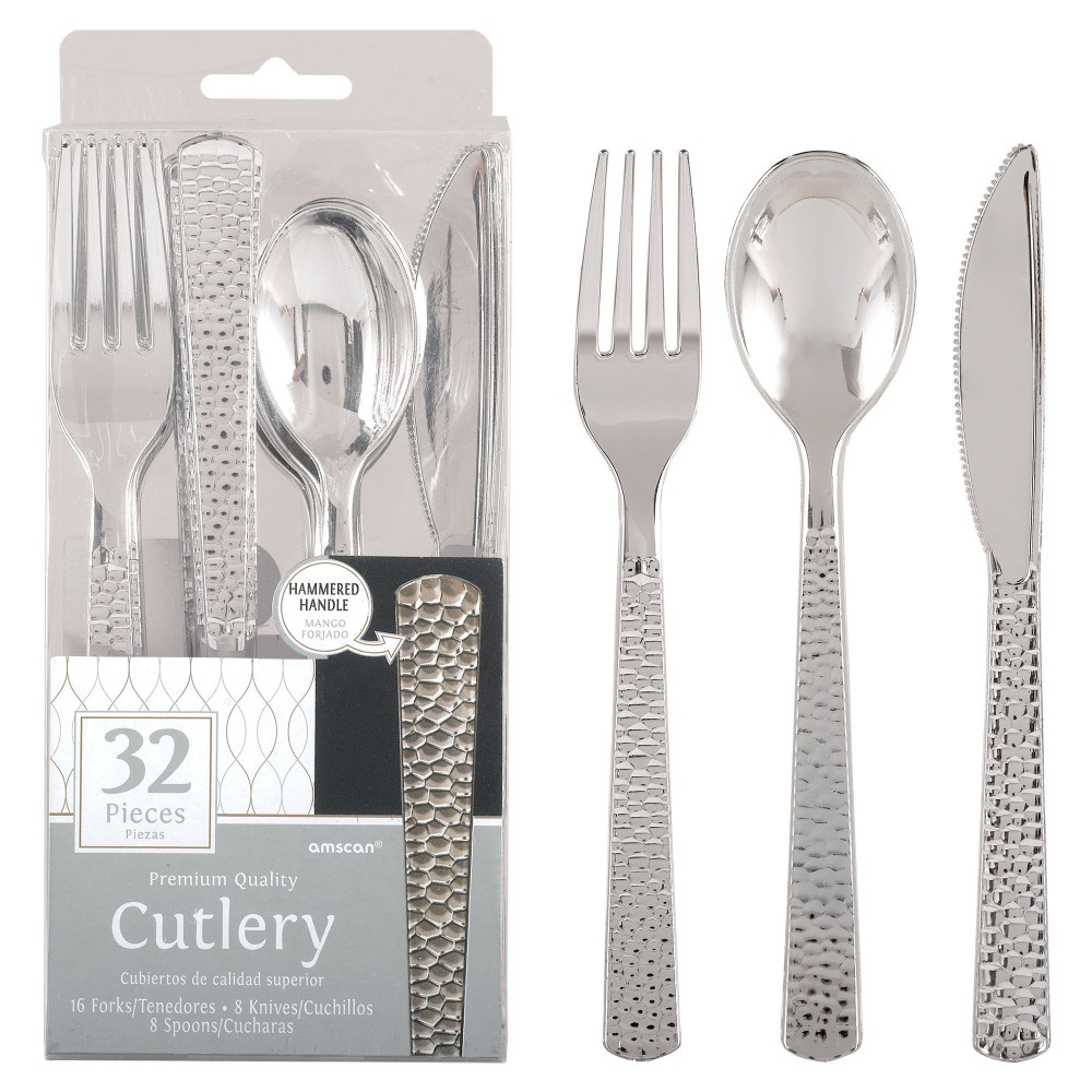 AMSCAN 430941.18  Hammered Cutlery Set, 7in, Silver, Set Of 32 Pieces