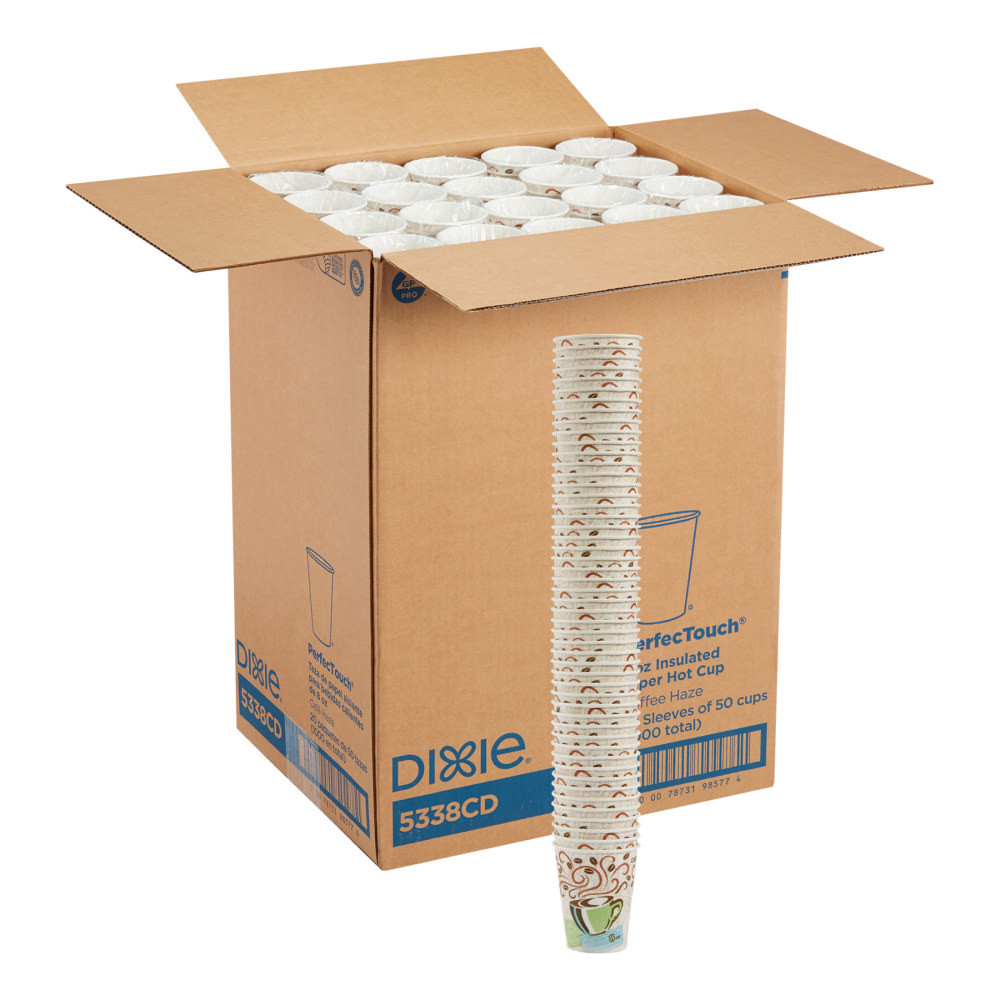 The WiseSize product offering provides a packaging solution for efficiencies in your business. New smaller case sizes and a sleek, uniform poly design have been developed for an assortment of popular products. These smaller case sizes will result in a minimum of split cases and the individual UPC coded poly will make it easier to pull product for delivery.  INSULATED HOT PAPER CUPS keep drinks hot and fingers cool  MORE HYGIENIC because they are one-time use compared to permanent ware cups  A COST EFFICIENT OPTION because there's no need for cardboard cup sleeves or double-cupping  DUAL-PURPOSE paper cups help with storage constraints and simplify ordering  PRODUCT MAY BE RECYCLED if you have access to a recycler that accepts paper or plastic products containing food residue.  Such facilities may not exist in your area  LOOKS AND FEELS LIKE FOAM but contains no foam, and the outer lining is sturdy and comfortable to hold  COMPATIBLE with Dixie large lids D9542, D9542B, TP9542, TP9542B  KOSHER Certified  USDA Certified Biobased product, The Sustainable Forestry Initiative certified sourcing label is proof Georgia-Pacific is using fiber from responsible and legal sources. SFI is a registered trademark owned by Sustainable Forestry Initiative, Inc. www.sfiprogram.org  Compatible with Dixie 9538 Series Lids (sold separately).  PerfecTouch 8-oz cups are great for stocking the office kitchen. Dixie cups, which come in a box of 1,000, can also be used for tea and other hot or cool beverages.