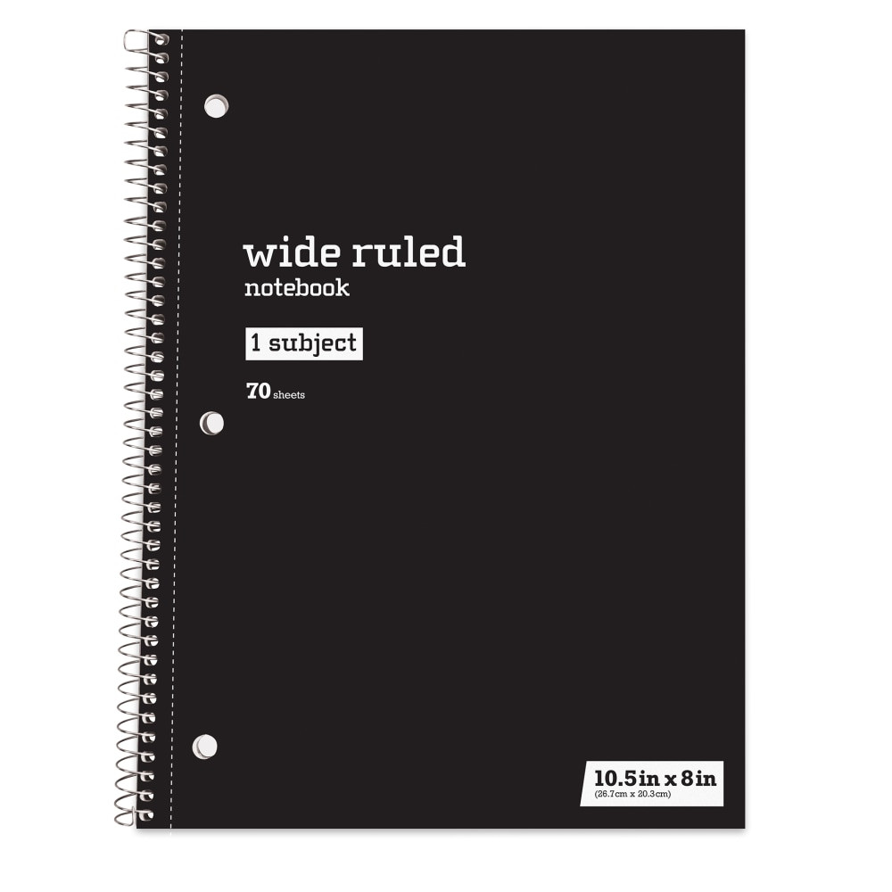 OFFICE DEPOT 43171-12 Just Basics Spiral Notebook, 8in x 10-1/2in, Wide Ruled, 70 Sheets, Black
