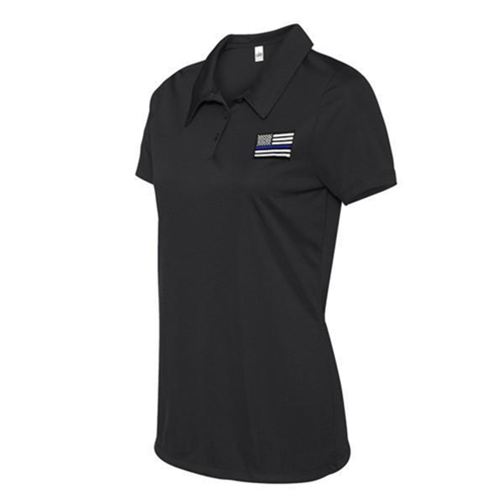 Thin Blue Line TBL-WOMEN-POLO-BLACK-LARGE Women's Polyester Polo - Thin Blue Line Embroidered Flag