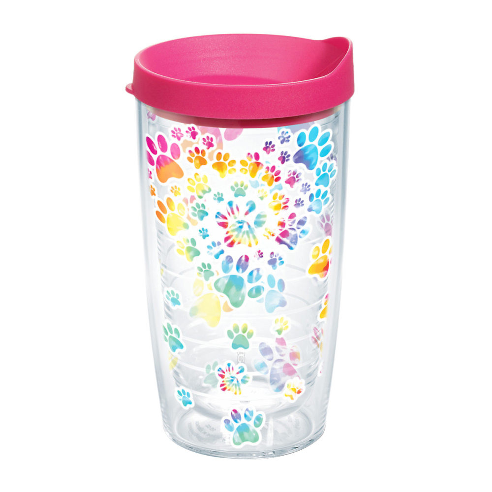 TERVIS TUMBLER COMPANY Tervis 1303006  Project Paws Tumbler With Lid, Tie Dye Paw Heart, 16 Oz, Clear/Fuchsia