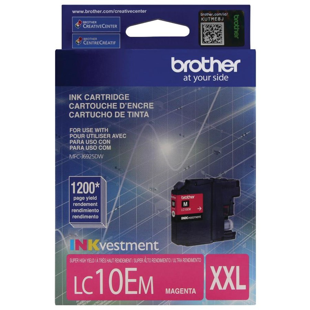 Compatible Brother models: MFC : MFC-J6925DW.  .    Brother offers an environmentally responsible way for customers to dispose of Brother Genuine cartridges.  Brother Genuine ink produces rich, vibrant prints that withstand the test of time.  Professional inkjet print quality you can consistently rely on for 1,200 pages*.  Spend Less for More Pages with Super High Yield INKvestment cartridges.  Intelligently engineered to work in seamless unison with your Brother printer.  Brother Genuine LC10EM INKvestment Super High Yield Magenta Ink Cartridge.  Yields up to 1,200 pages.  Cartridge delivers high-quality print results, with sharp images and text.  Innobella ink technology is fade resistant and color fast.  Helps Avoid Waste - Designed for extended use, helping reduce or eliminate material use and potentially save money.  Recycling solution - designed to encourage recycling, helping you divert materials from landfill.