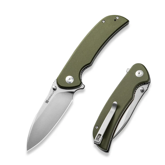 SENCUT S23077-1 Borzam Flipper/Thumb Stud Folding Knife 3.46"" Satin 9Cr18MoV Drop Point Plain Edge Blade, OD Green G10 Handle