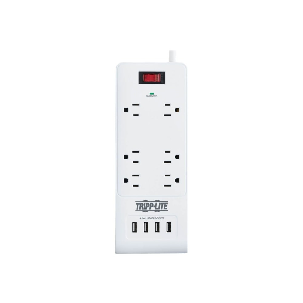 TRIPP LITE TLP64USBRA15  6-Outlet Surge Protector with 4 USB Ports (4.2A Shared) - 15 ft. Cord, 5-15P Plug, 900 Joules, White - Surge protector - 15 A - AC 120 V - 1800 Watt - output connectors: 6 - 15 ft cord - white