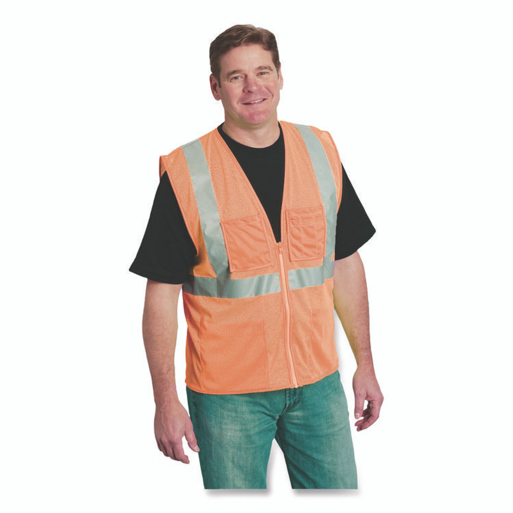 PROTECTIVE INDUSTRIAL PRODUCTS INC PIP 302MVGZ4PORL ANSI Class 2 Four Pocket Zipper Safety Vest, Polyester Mesh, Large, Hi-Viz Orange