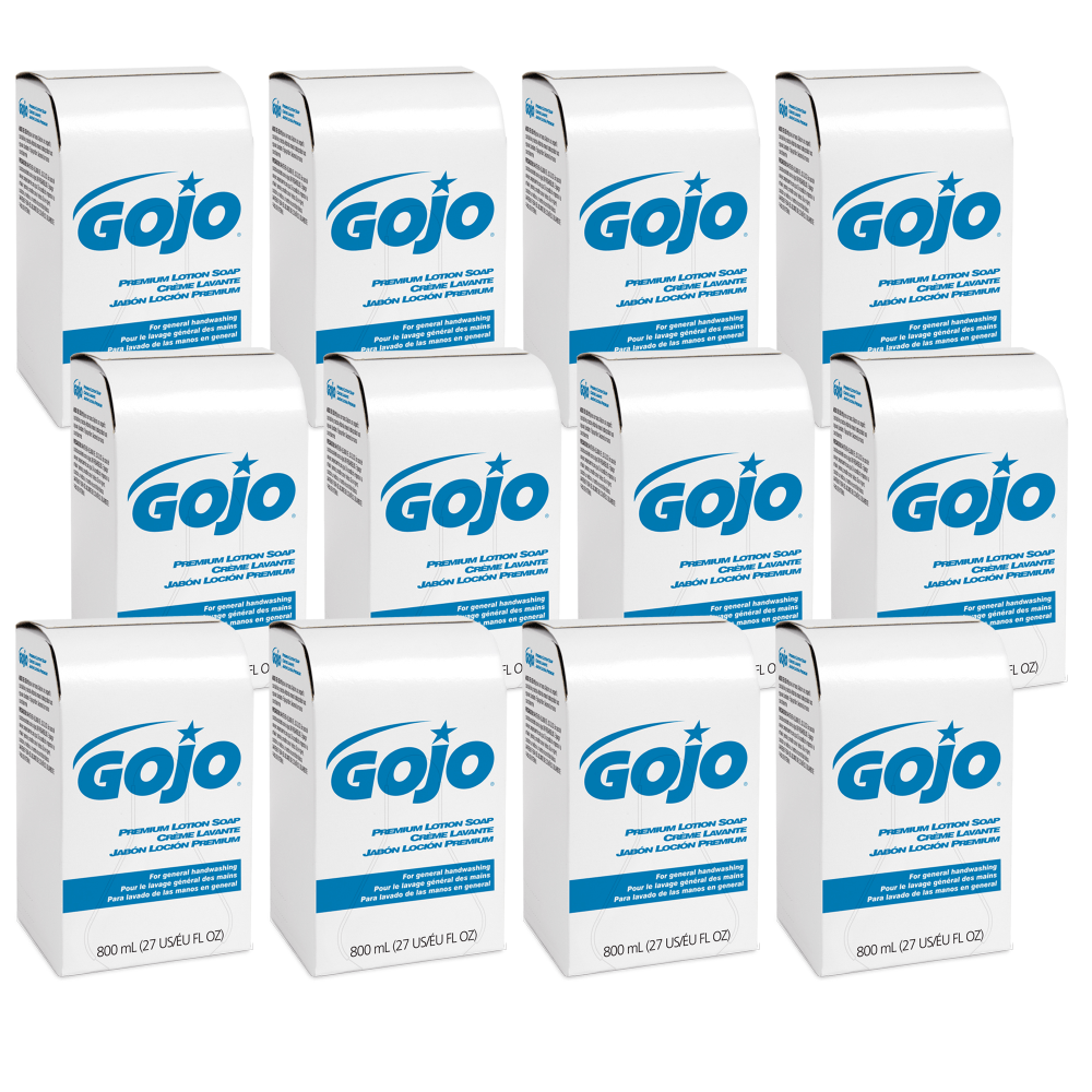 Make sure employees and customers can stay clean with the GOJO Premium Lotion Hand Soap Refill. It works with your GOJO 800 Series Bag-In-Box Soap Dispenser and is gentle on the skin.  Mild lotion is sensitive on skin yet harsh on germs and bacteria.  Compatible with your GOJO 800 Series Bag-In-Box Soap Dispenser (sold separately).  SANITARY SEALED, no-leak bag keeps soap inside.  Dispensing valve makes it easy to come out.  Case includes 12 refills with 800 mL each.  USDA Certified Biobased - meets federal guidelines for plant-based/bio-based materials.  Plant-based content - made using tree-free agricultural products or by-products, helping you support innovative use of plants while reducing use of forests or other resources.