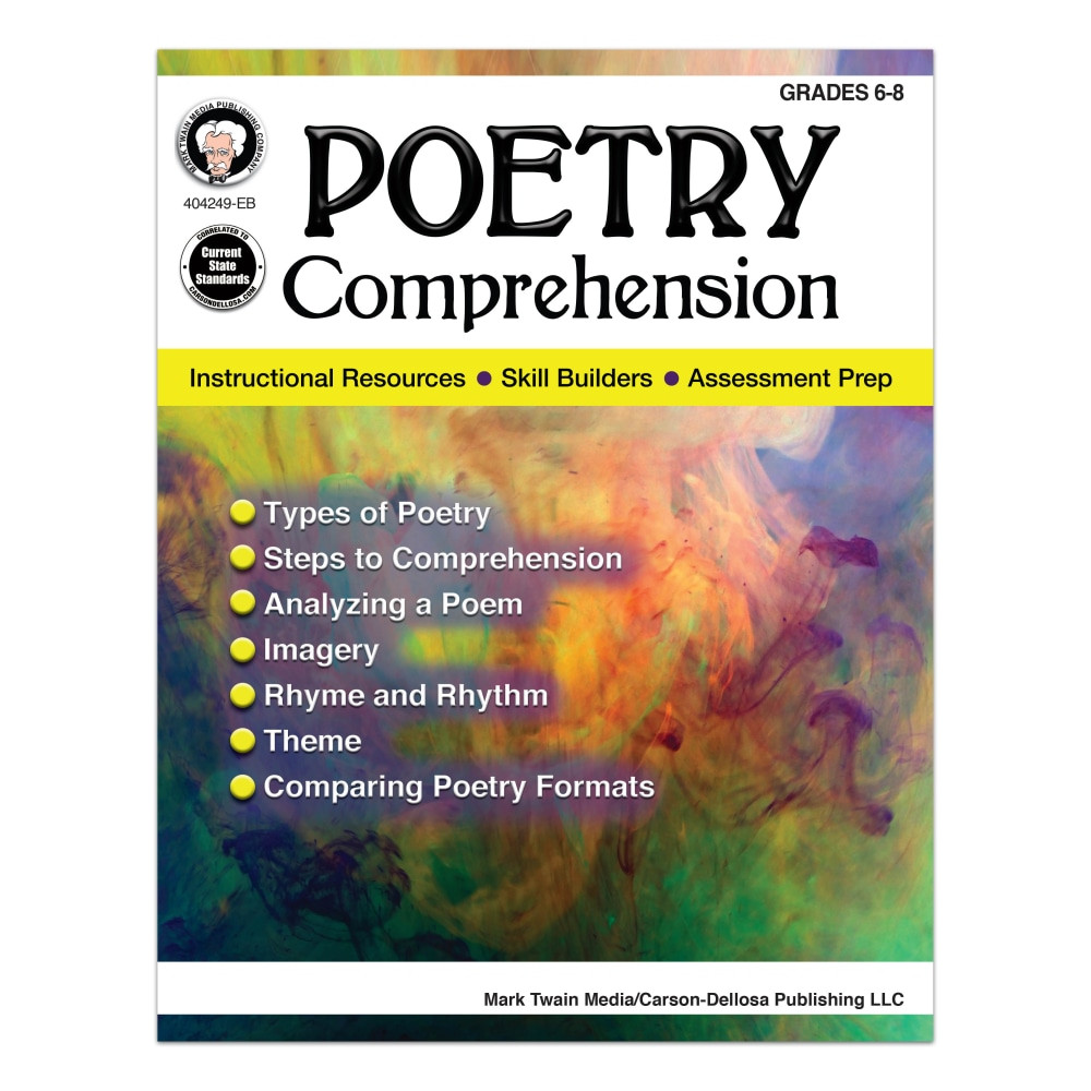 Help your students develop a deeper understanding and appreciation of poetry. Designed to meet ELA reading standards, this workbook encourages readers to gain and use the skills needed to analyze, interpret and evaluate poems.  Supplementary workbook helps students improve reading comprehension skills through poetry. Designed to develop skills needed for analyzing, interpreting and evaluating poetry.  Focuses on ELA reading standards to help make sure students can thrive in the classroom.  Designed for use in 6th grade to 8th grade.
