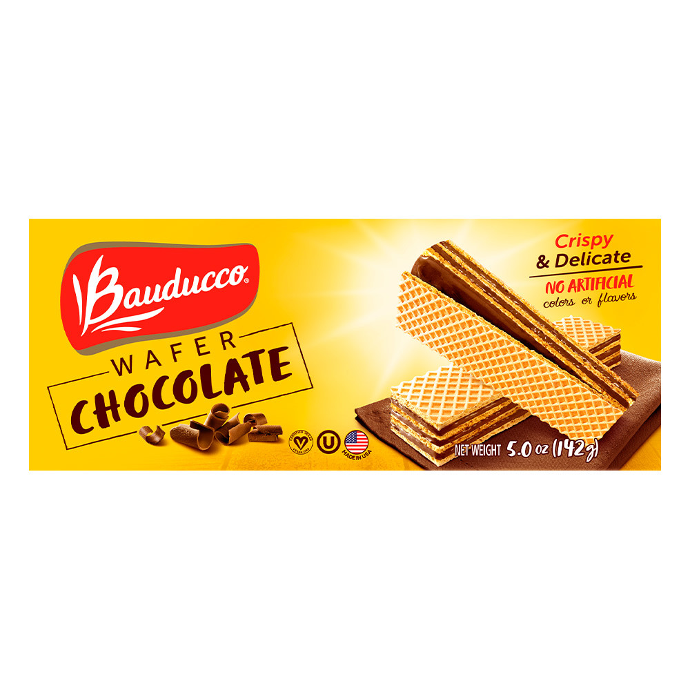 Enjoy a delicious snack with these Bauducco Foods Chocolate Wafers. These 3-layer wafers are a delicate and crispy treat.  Made with 3 creamy, crispy layers.  Individually wrapped.