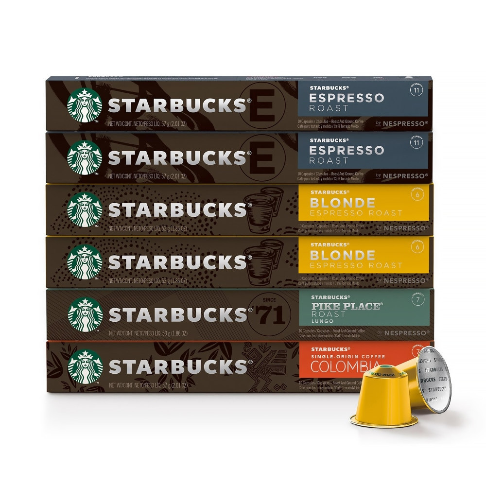 Enjoy a cup of your favorite coffee from home with the Starbucks Nespresso Pods Variety Pack. The pack includes a variety of flavors and intensity levels to please all types of coffee lovers.  Variety pack includes Blonde Espresso Roast, House Blend, Single-Origin Colombia, Pike Place Roast and Cafe Verona.  Roasts range from intensity level 6 to intensity level 11 for all types of coffee lovers.  Choose from the espresso, ristretto or lungo brew size.  Pods are compatible with the original line of Nespresso machines.  Includes 60 pods total.